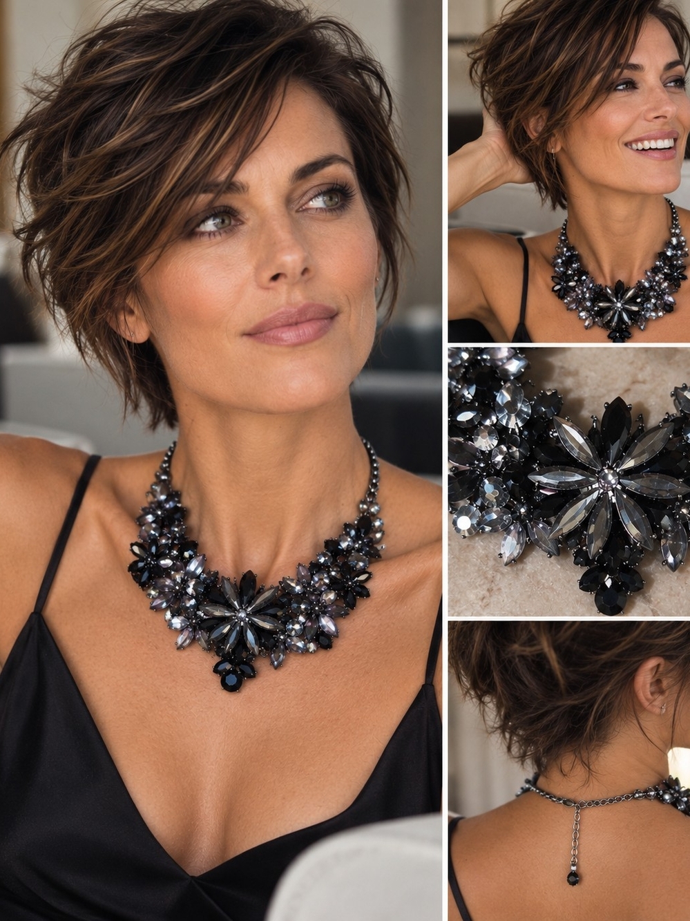 Statement Black Crystal Floral Necklace -  Elegant Women Jewelry